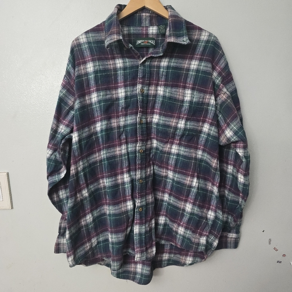 American Eagle Vintage Y2K Purple Green Plaid Flannel Shirt Men’s Size XL
